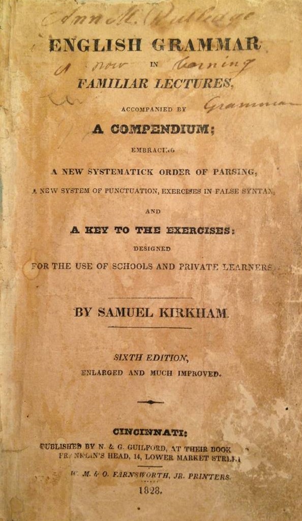 The cover of Kirkham's book on grammar, the book faded with age.