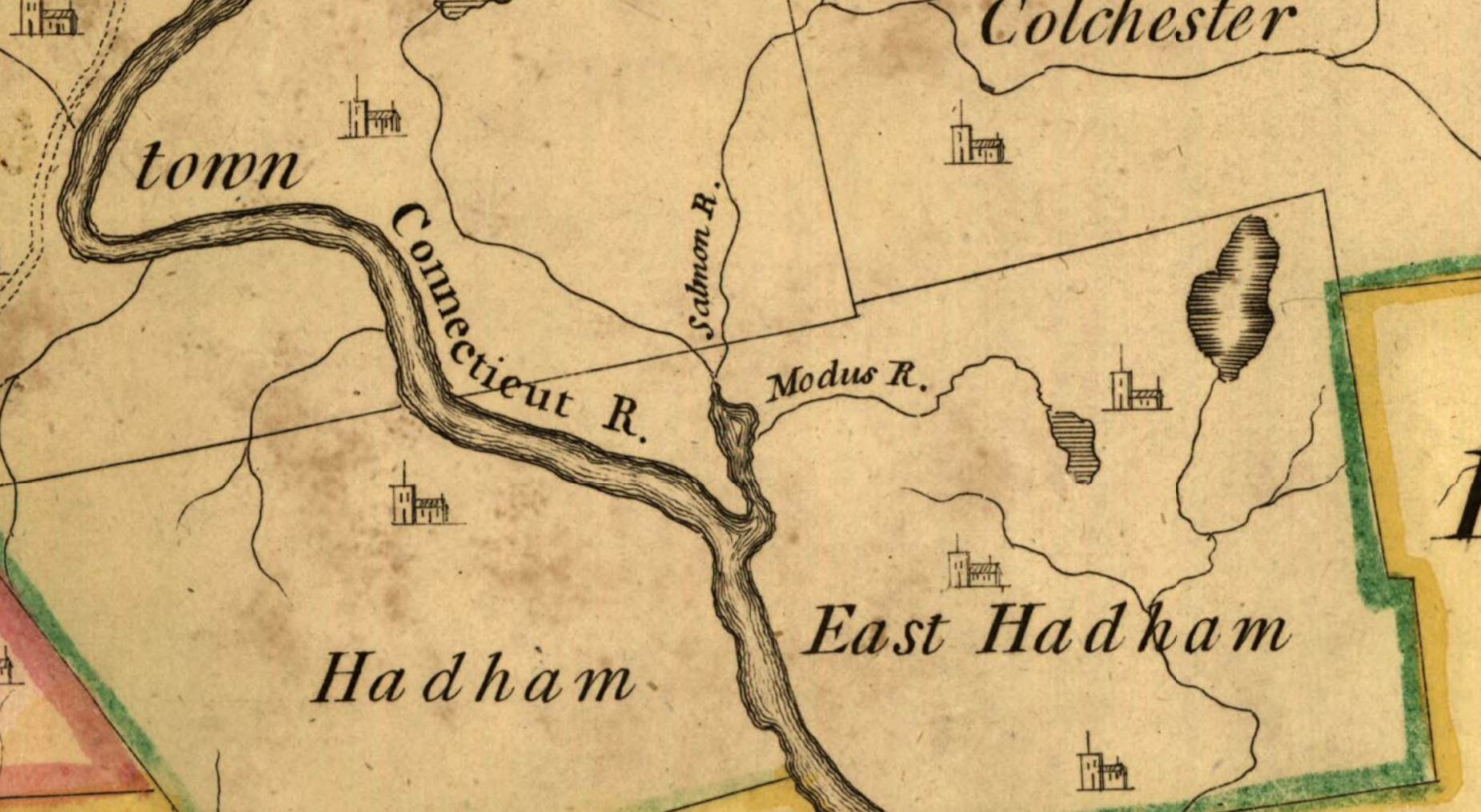 18th century map showing two main rivers with town names, but mostly empty, on brown paper