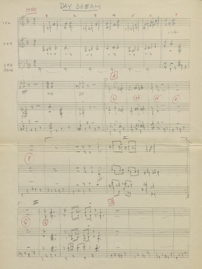Blank sheet music form filled in with the arrangement for "Day Dream" 